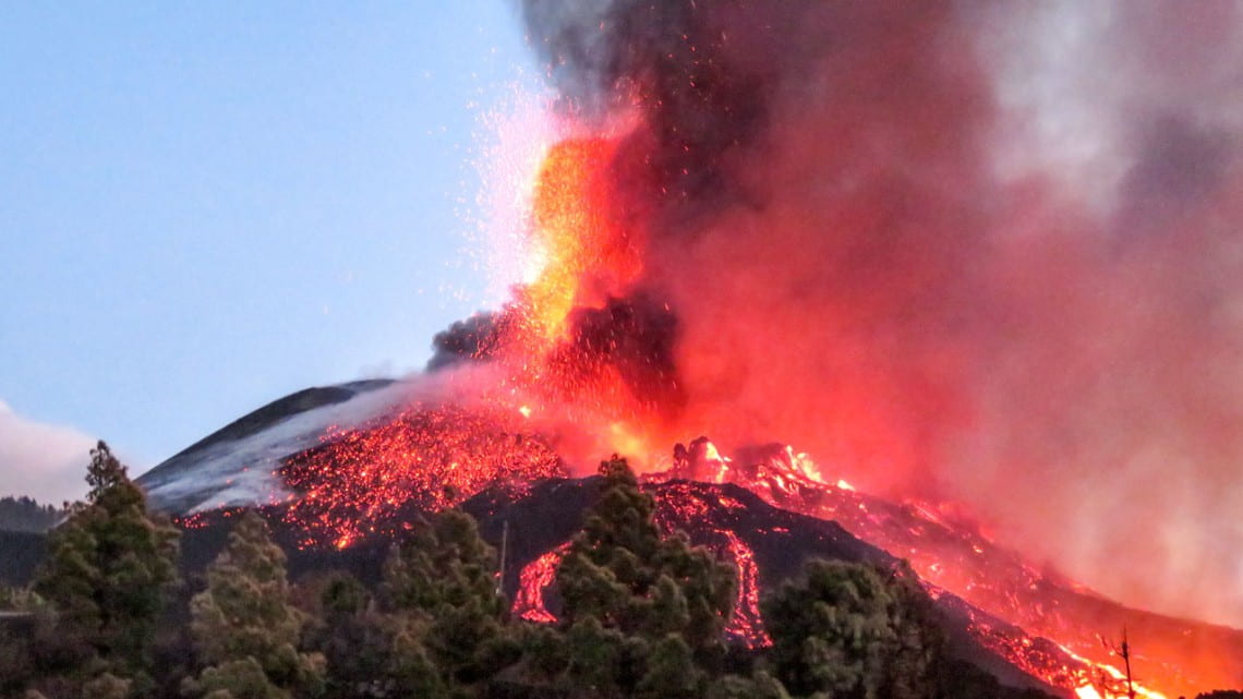 The active, fiery Cumbre Vieja volcano has been erupting since Sept. 19, 2021. 