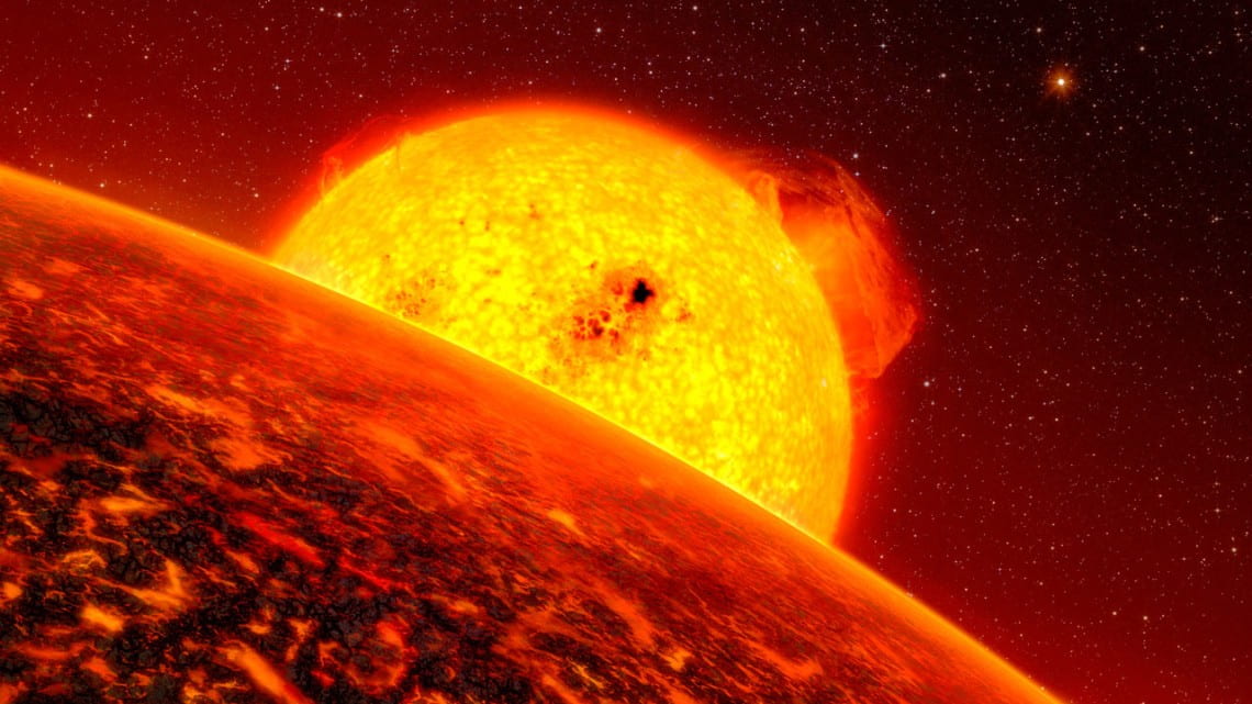 In this illustration, exoplanet CoRoT-7b, which is likely five times the mass of Earth, may well be full of lava landscapes and boiling oceans.